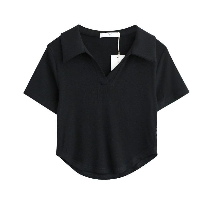 Polokragen-Shirt Kurzarm Damen Cropped T-Shirt Crop Top Schlanke hohe Taille Einfacher Casual Style Sommer 2024 Neuer Style S schwarz von Joom DACH