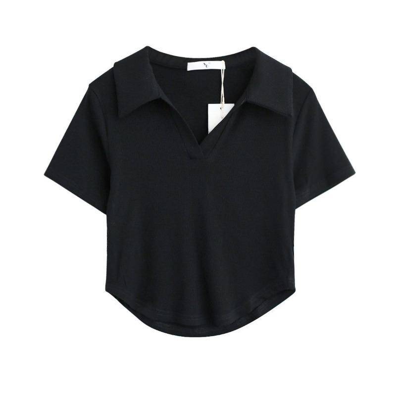 Polokragen-Shirt Kurzarm Damen Cropped T-Shirt Crop Top Schlanke hohe Taille Einfacher Casual Style Sommer 2024 Neuer Style S schwarz von Joom DACH