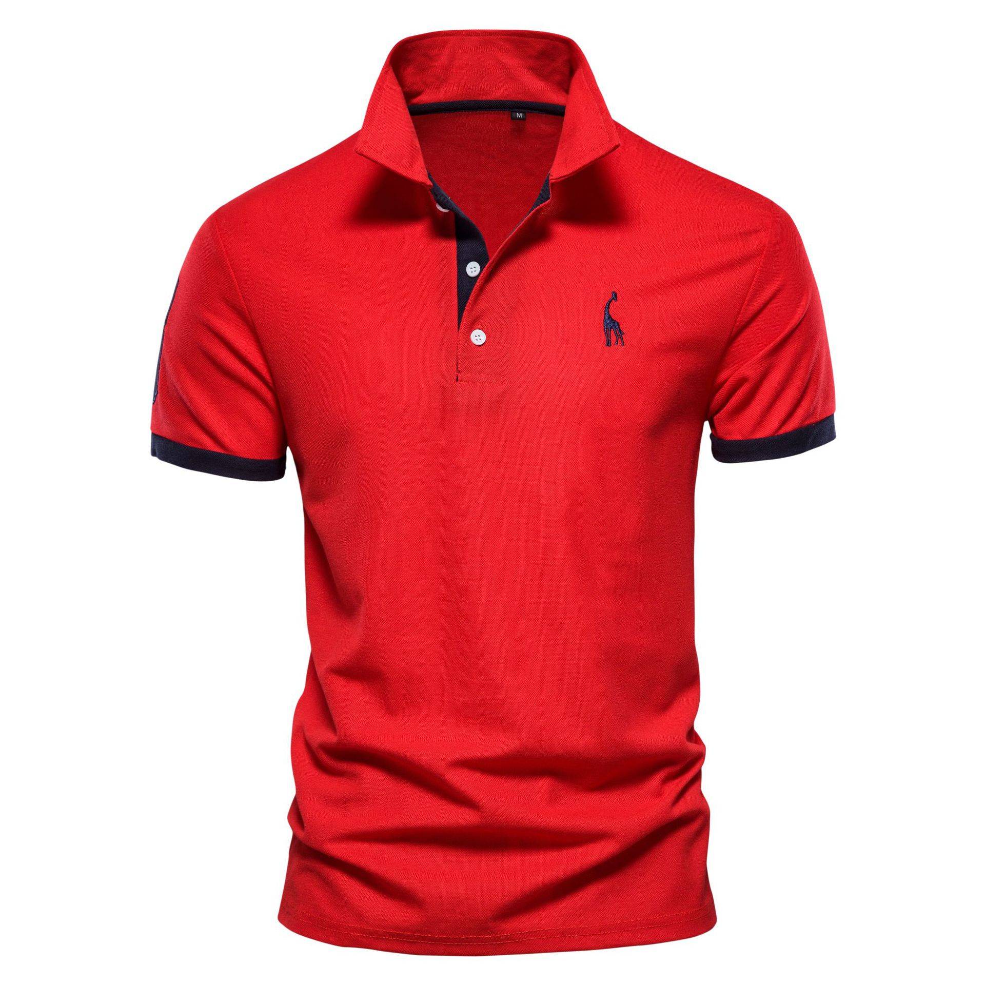 Poloshirt mit Hirsch-Stickerei, kurzärmliges Kragen-Herren-T-Shirt XXXL rot von Joom DACH