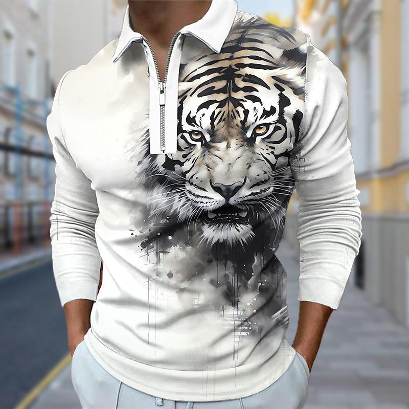 Poloshirts für Herren, langärmelig, mit Tiger-Print an der Schulter, neues Poloshirt für Herren, langärmelig, mit Reißverschluss, T-Shirt 8XL weiß von Joom DACH