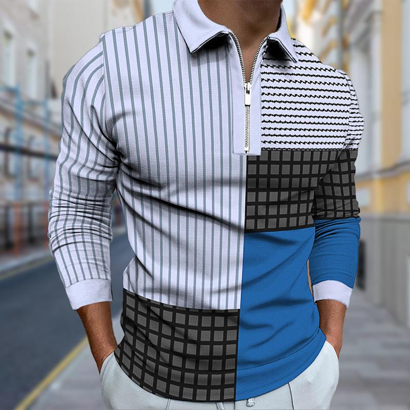 Poloshirts für Herren, langärmelig, mit farbigem Gitterlinien-Print, neues Poloshirt für Herren, langärmelig, mit Reißverschluss, T-Shirt 3XL von Joom DACH