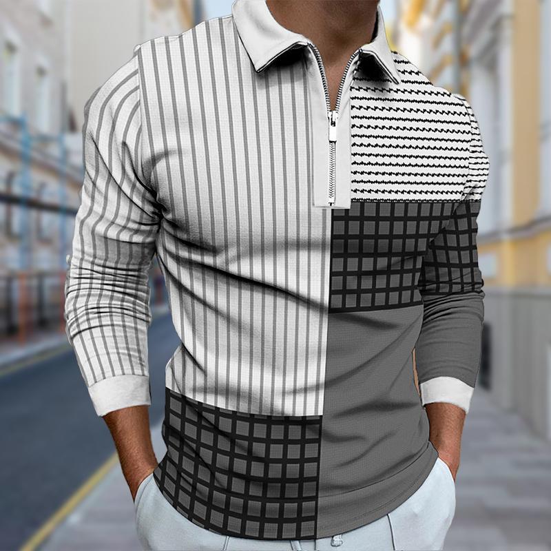 Poloshirts für Herren, langärmelig, mit farbigem Gitterlinien-Print, neues Poloshirt für Herren, langärmelig, mit Reißverschluss, T-Shirt 3XL weiß von Joom DACH