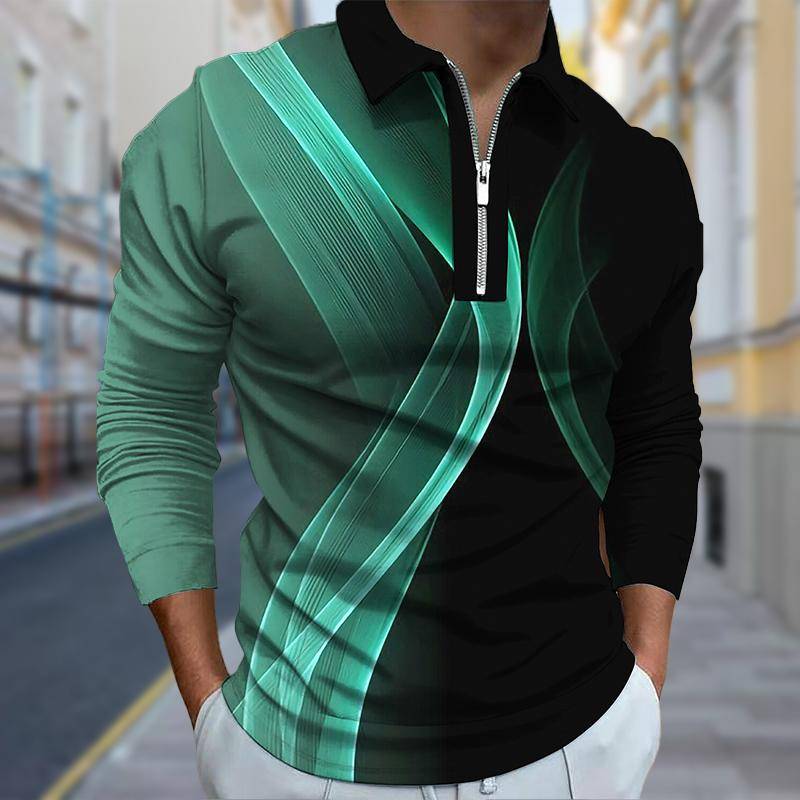 Poloshirts für Herren, langärmelig, mit verdrehtem Linien-Print, neues Poloshirt für Herren, langärmelig, mit Reißverschluss, T-Shirt, Oberteil 6XL grün von Joom DACH