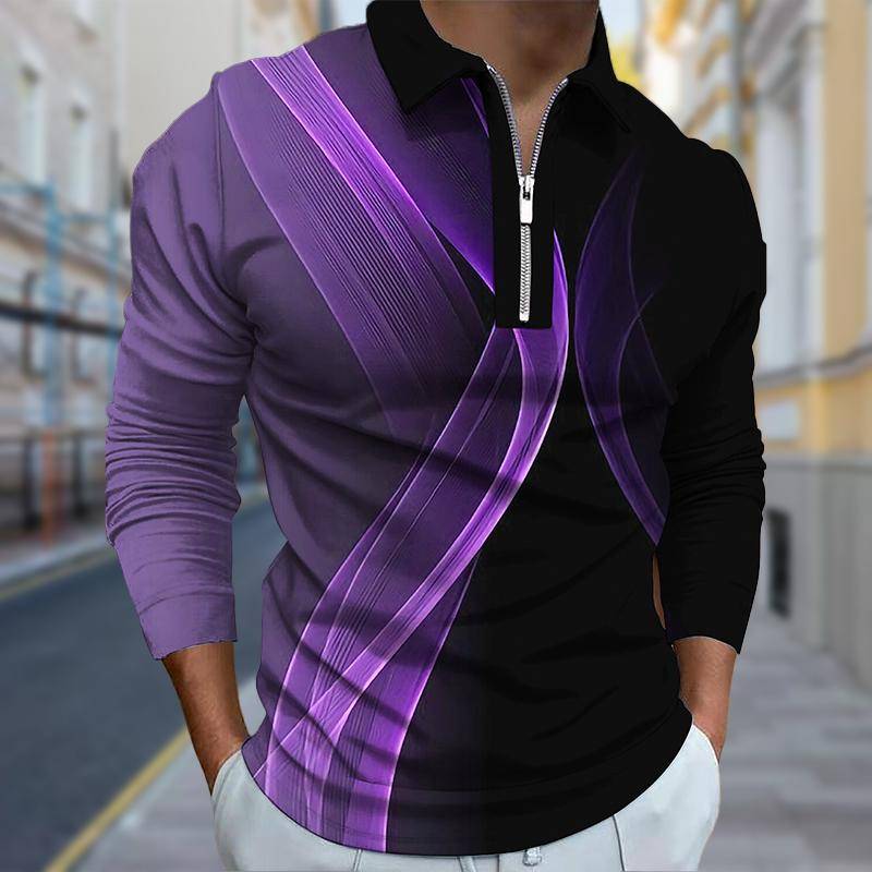 Poloshirts für Herren, langärmelig, mit verdrehtem Linien-Print, neues Poloshirt für Herren, langärmelig, mit Reißverschluss, T-Shirt, Oberteil L violett von Joom DACH