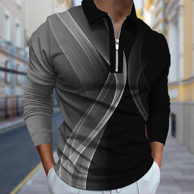 Poloshirts für Herren, langärmelig, mit verdrehtem Linien-Print, neues Poloshirt für Herren, langärmelig, mit Reißverschluss, T-Shirt, Oberteil XS schwarz von Joom DACH