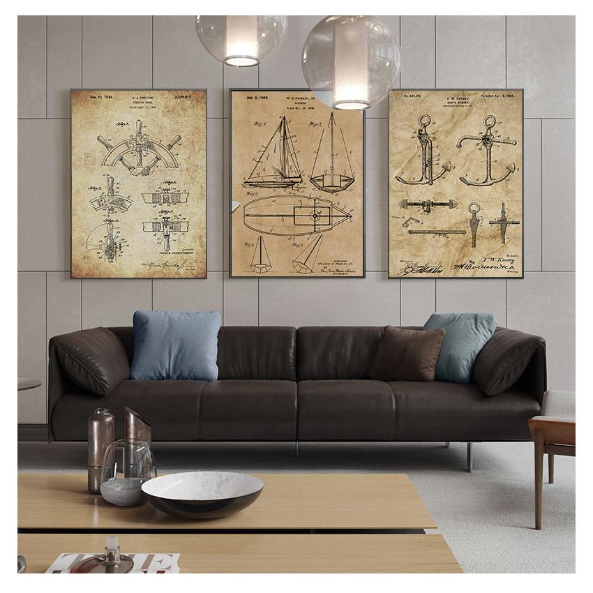 Poster Matrosengeschenke, Yacht Anker Schiffsrad Segeln Blaupause Nautische Wandkunst Leinwandgemälde Segelboot Patentdruck Vintage 21cm×30cm NoFrame von Joom DACH