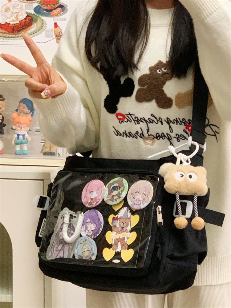 Preppy Minimalistische Anime Umhängetasche - Große Kapazität, Transparentes Abzeichen, Damen Crossbody Ita Bag 35*12*27 schwarz von Joom DACH