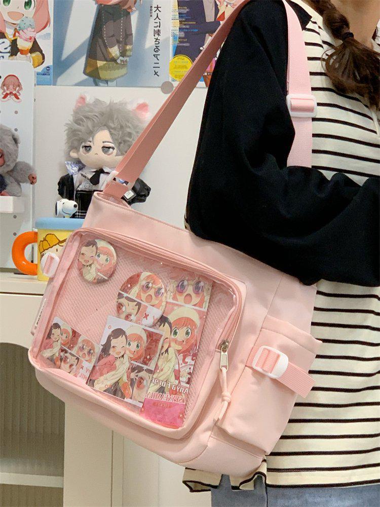 Preppy Minimalistische Anime Umhängetasche - Große Kapazität, Transparentes Abzeichen, Damen Crossbody Ita Bag 35*12*27 rosa von Joom DACH