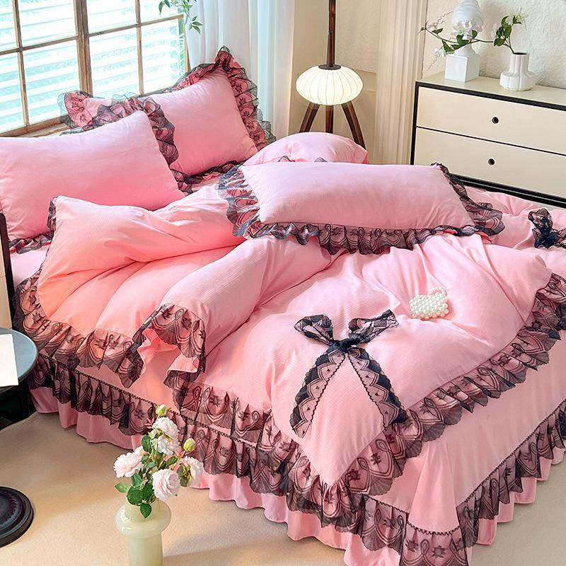 Prinzessinnen-Stil, einfarbige Spitze, gewaschene Baumwolle, vierteiliger Doppel-Bettbezug aus Seersucker-Spitze 1.2m Bed von Joom DACH