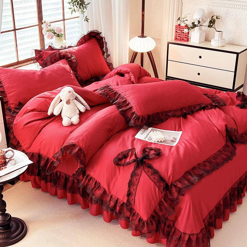 Prinzessinnen-Stil, einfarbige Spitze, gewaschene Baumwolle, vierteiliger Doppel-Bettbezug aus Seersucker-Spitze 1.5 meter bed von Joom DACH