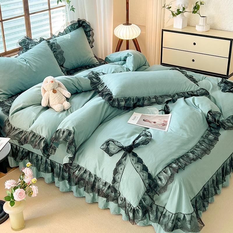 Prinzessinnen-Stil, einfarbige Spitze, gewaschene Baumwolle, vierteiliger Doppel-Bettbezug aus Seersucker-Spitze 1.5 meter bed von Joom DACH