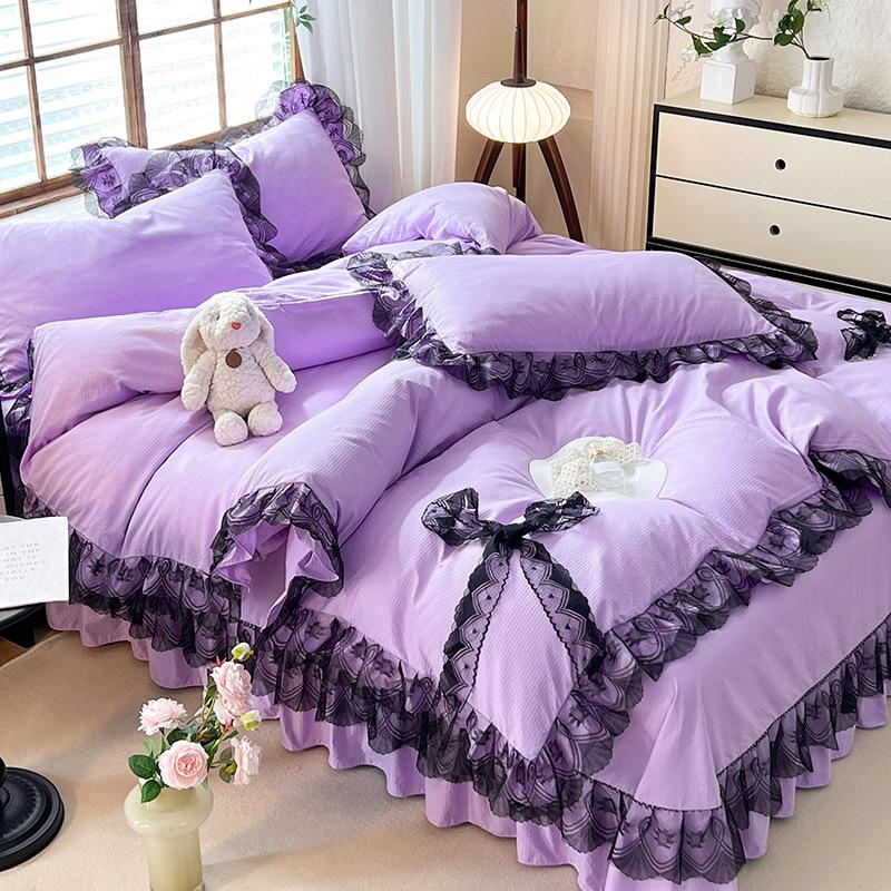 Prinzessinnen-Stil, einfarbige Spitze, gewaschene Baumwolle, vierteiliger Doppel-Bettbezug aus Seersucker-Spitze 1.5 meter bed von Joom DACH