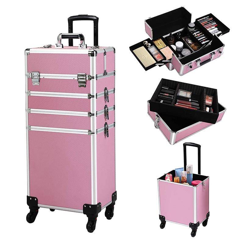 Professioneller Kosmetikkoffer mit großer Kapazität, tragbarer Aluminium-Make-up-Organizer-Koffer-Trolley für Damen, Reise-Make-up, Pink/Schwarz, 4-in-1 rosa von Joom DACH