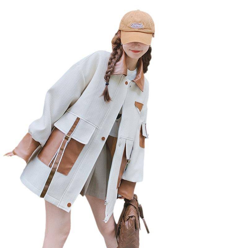 Pu-Leder-Arbeitsjacke mit mehreren Taschen für Damen, Frühling und Herbst, neue Nischenjacke im Retro-Hongkong-Stil, lässige, lockere Jacke XL beige von Joom DACH