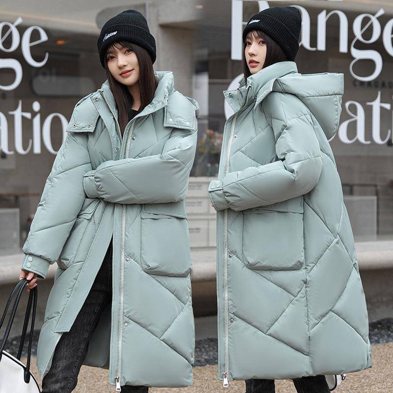 Pufferjacke für Damen, Wintermantel mit Kapuze und Taschen, mittellanger Oberbekleidungsmantel für Damen, Reißverschluss, warm, lässig, leicht, Stehkragenjacke 3XL hellgrüne von Joom DACH