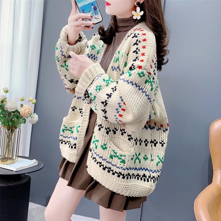 Pullover Blumenmantel Strickjacke Herbst Frauen Druck O-Ausschnitt Pullover Strickpullover Lose Jacke One size beige von Joom DACH