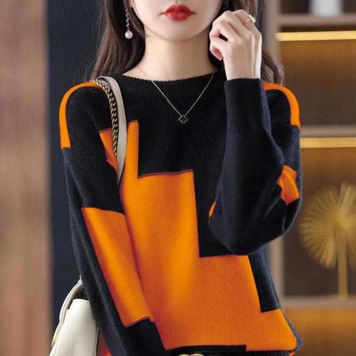 Pullover Damen Herbst Winter Damen Farbblock Strick Warmer Pullover Langarm Thermopullover O-Ausschnitt Beiläufiger lockerer Pullover Damen XXXL orange von Joom DACH