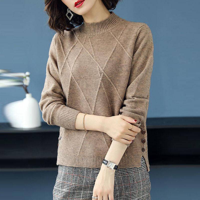 Pullover Damen Herbst Winter Halber Rollkragen Pullover Damen Kurz Locker Koreanische Mode Alleskönner Strick Unterziehpullover S braun von Joom DACH