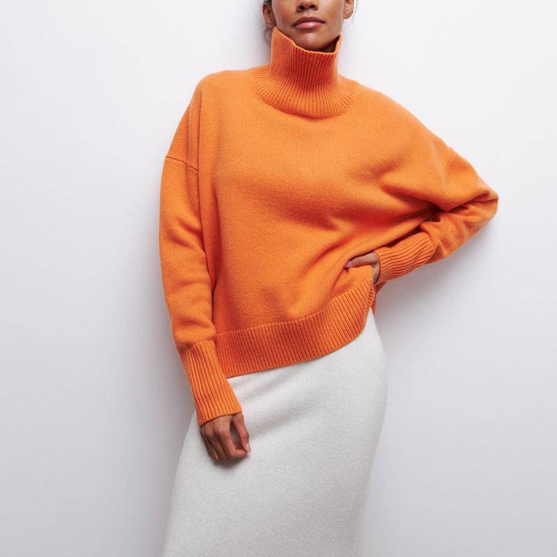 Pullover Damen Loose Half Rollkragenpullover Einfarbig Pullover Strickoberteil L orange von Joom DACH