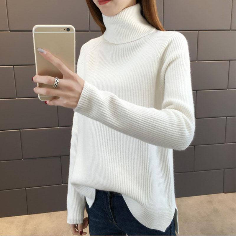 Pullover Damen Rollkragenpullover Koreanischer Stil Lockere Vorderseite Kurze Lange Strickwaren Trendpullover Herbst und Winter Oberteil S weiß von Joom DACH