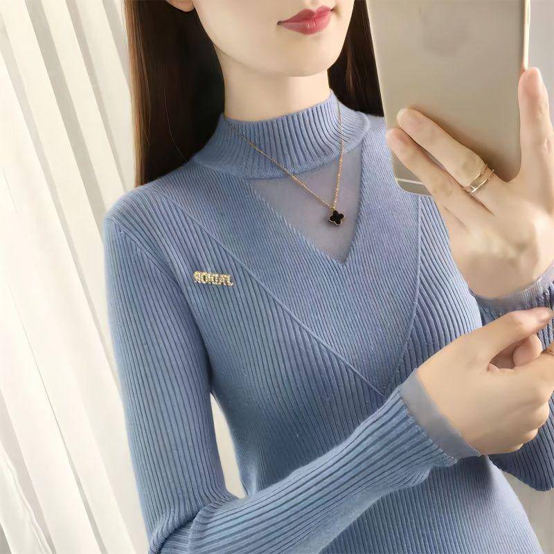 Pullover Frauen 2023 Herbst und Winter Pullover Halb Stehkragen Spitze Modische Pullover Langarm Gestrickte Pullover Weibliche Tops One Size hellblaue von Joom DACH