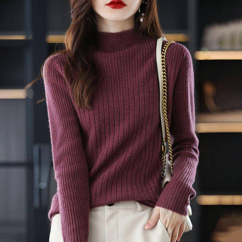 Pullover Halbhoher Kragen Langarm Strickpullover Basis solide Damen Pullover Herbst und Winter 2022 Pullover weiblich One Size violett von Joom DACH