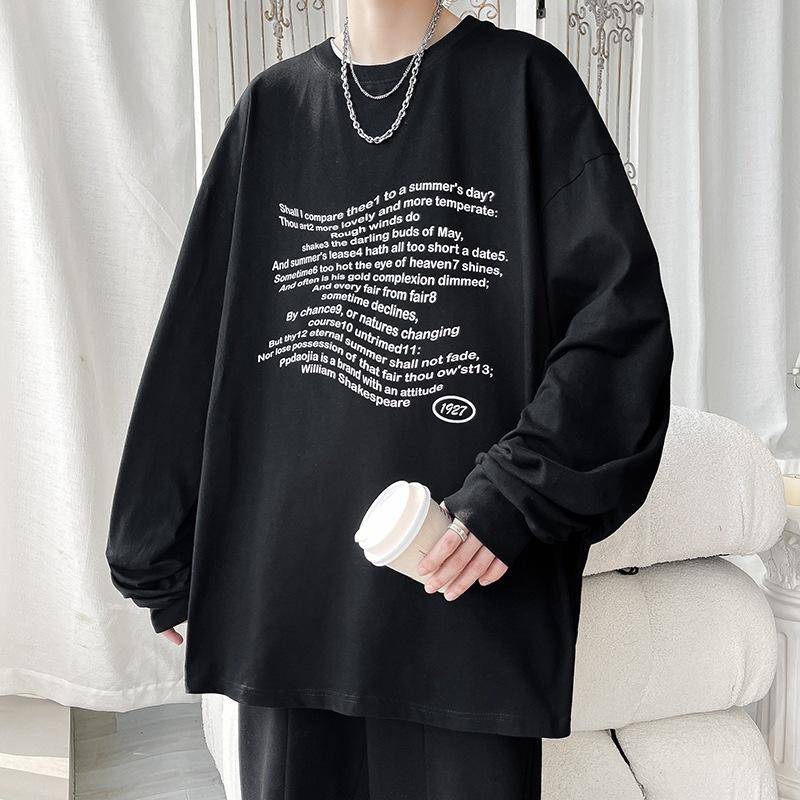 Pullover Herren Frühling und Herbst Neues Rundhals Langarm T-Shirt Bedrucktes Einfaches Unterhemd Herren Lässiger Trendmantel Herrenbekleidung 5XL schwarz von Joom DACH