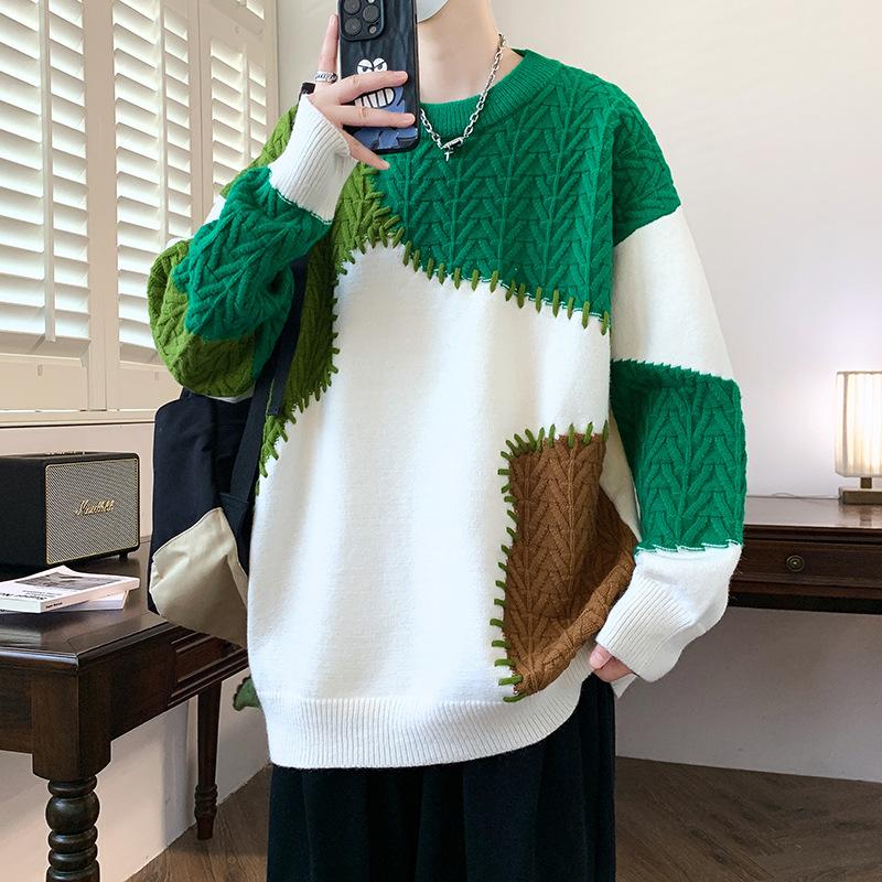 Pullover Herren Strickpullover Amerikanischer Kontrastfarbiger Spleiß Lässiger Rundhals-Pullover Herren XXXL grün von Joom DACH