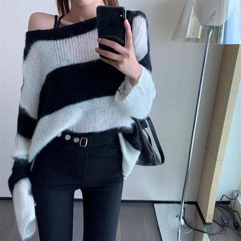 Pullover Off Shoulder Striped Sweater Mode Lockerer und fauler Strickpullover Mantel Damen Langarmshirt Herbst S weiß von Joom DACH