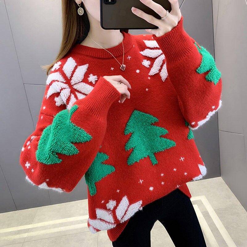 Pullover Pullover Frauen Weihnachten Pullover tragen lose Winter 2022 Casual Koreanische stricken langarm o neck top One Size rot von Joom DACH
