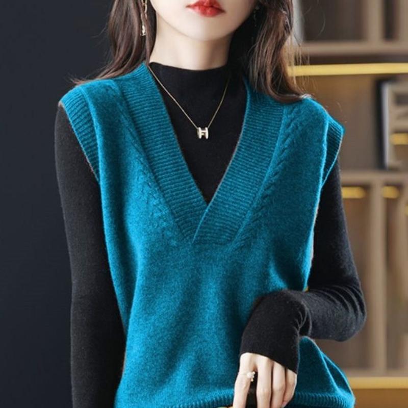 Pullover Pullover Weste 2022 Neue Frauen Modische Gestrickte Weste Frauen Feste Kurze V-ausschnitt Jacke Überlagert mit Pullover Tank Weibliche One Size blau von Joom DACH