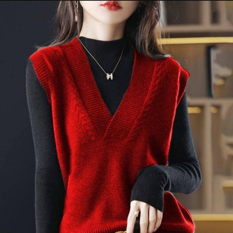 Pullover Pullover Weste 2022 Neue Frauen Modische Gestrickte Weste Frauen Feste Kurze V-ausschnitt Jacke Überlagert mit Pullover Tank Weibliche One Size rot von Joom DACH