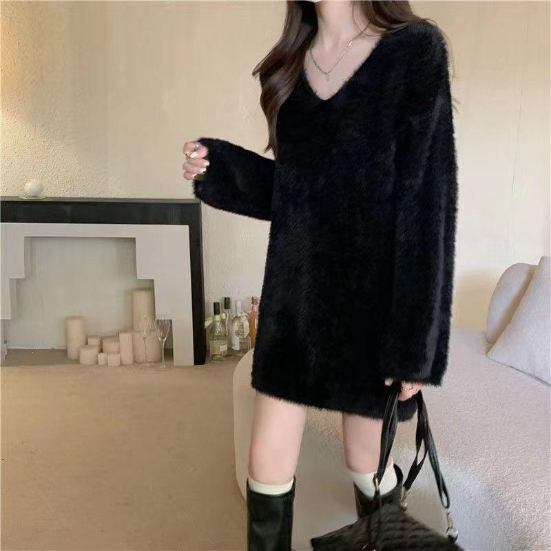 Pullover V-Ausschnitt Nerz Fleece Pullover Pullover Mittellang Damen Herbst/Winter Solid Loose Strickpullover Pullover Damen Top One Size schwarz von Joom DACH