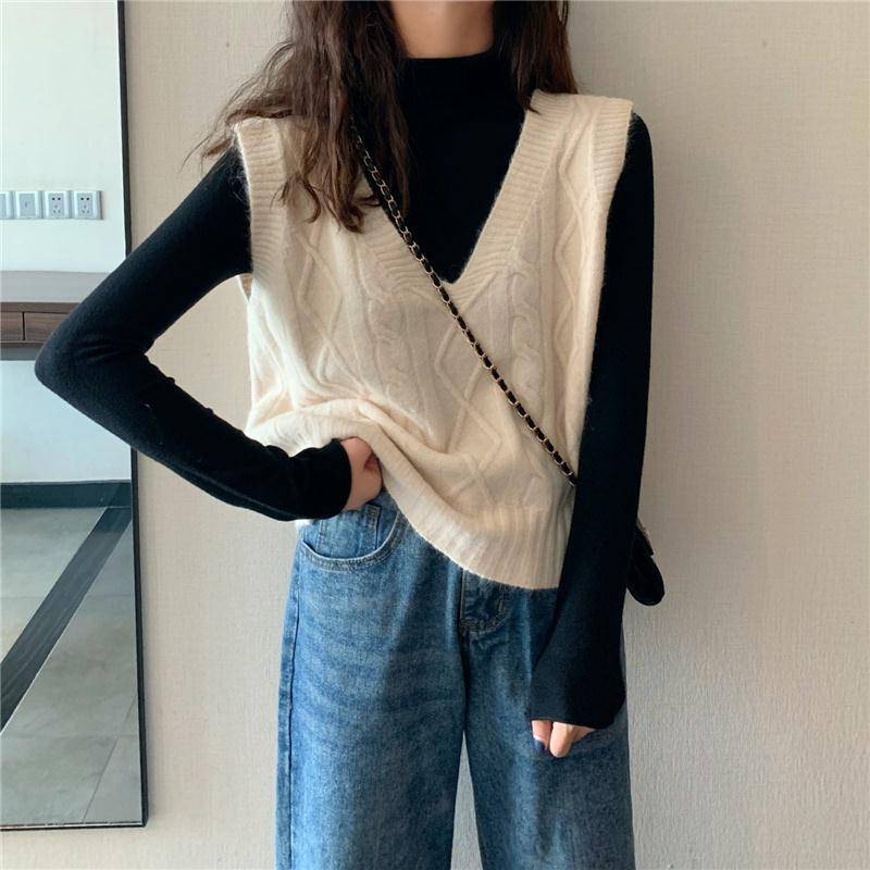 Pullover Westen Warm Ärmellos V-ausschnitt Strickpullover Weste Damen Herbst Winter Casual Lose Solide Jumper Outwear S weiß von Joom DACH