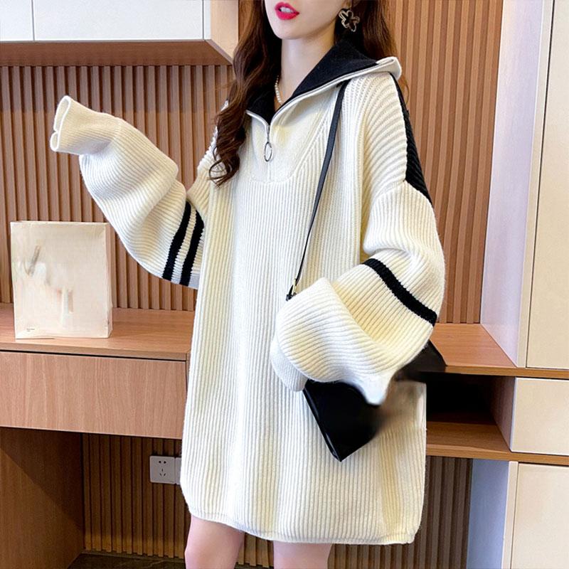 Pullover Winter Herbst Oversize Damen Reißverschluss Pullover Langarm Strick Rollkragen Blau Weiß Lockerer Pullover One Size von Joom DACH
