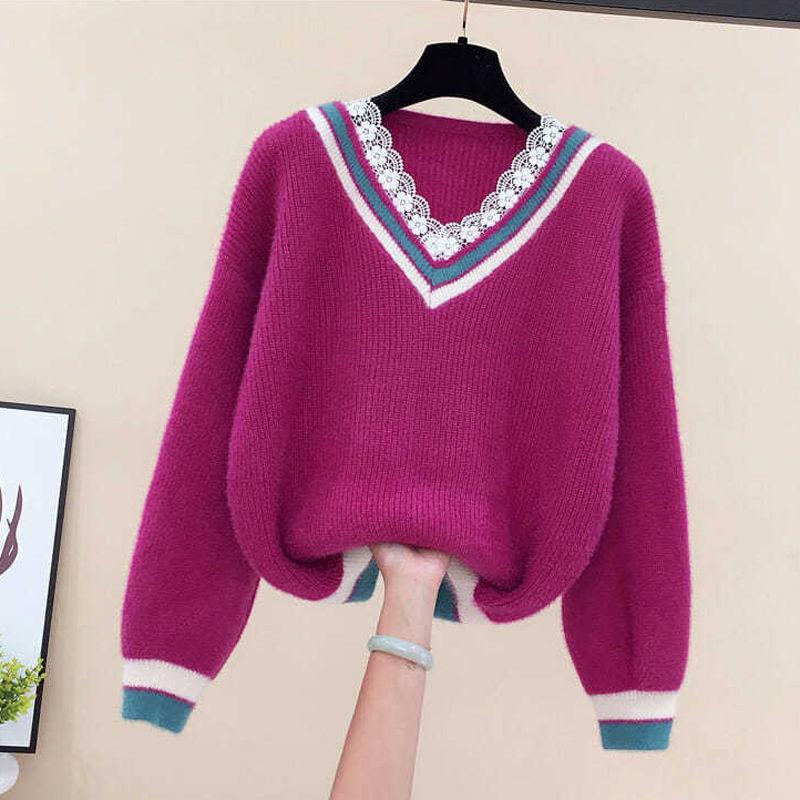 Pullover für Damen mit Spitze und V-Ausschnitt, Winter, locker und vielseitig, kurzes Strickoberteil 3XL von Joom DACH
