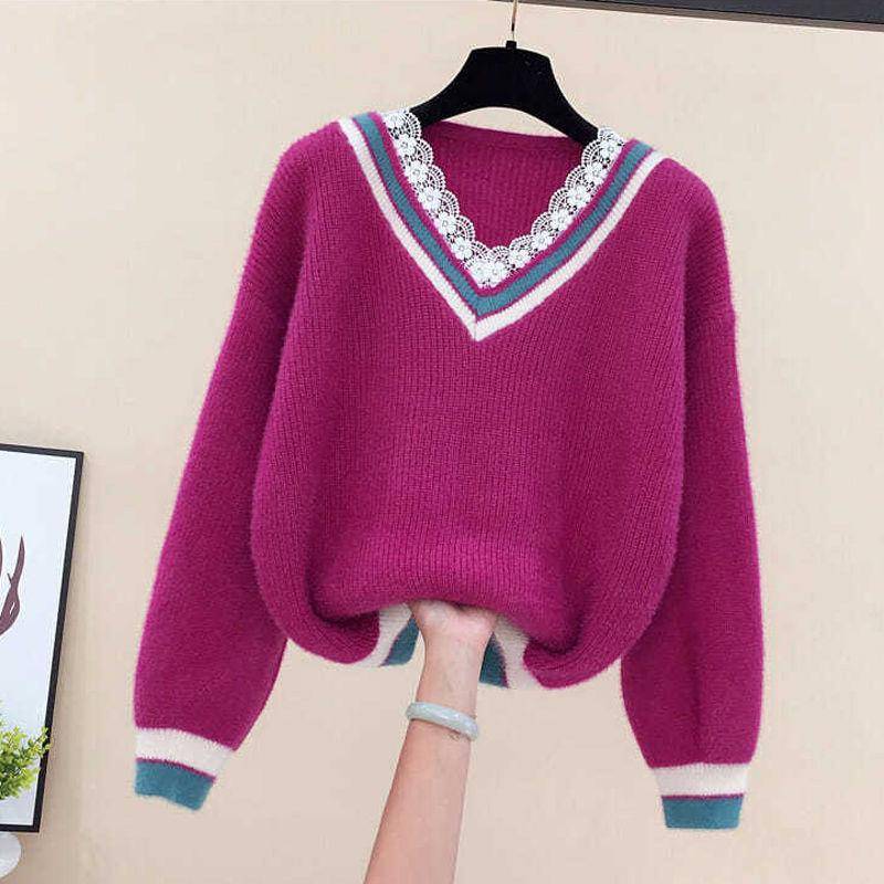 Pullover für Damen mit Spitze und V-Ausschnitt, Winter, locker und vielseitig, kurzes Strickoberteil 3XL von Joom DACH