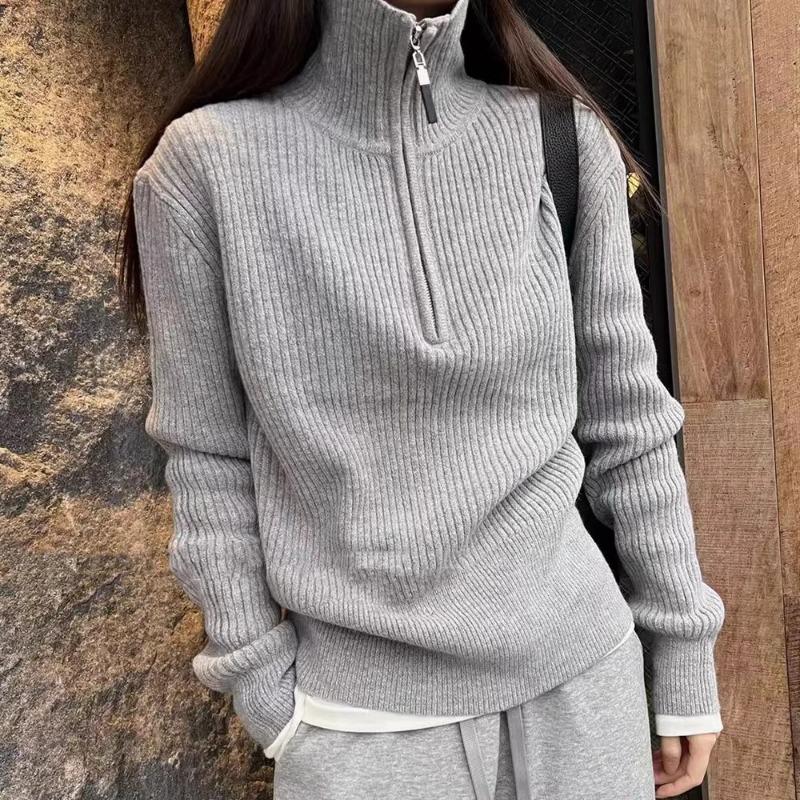 Pullover mit Reißverschluss und halbem Stehkragen für Damen, Herbst, Langarm, lässig gestrickt, Damenpullover-Tops, Mode, einfarbig, Winterpullover 25815 Size Size graue von Joom DACH