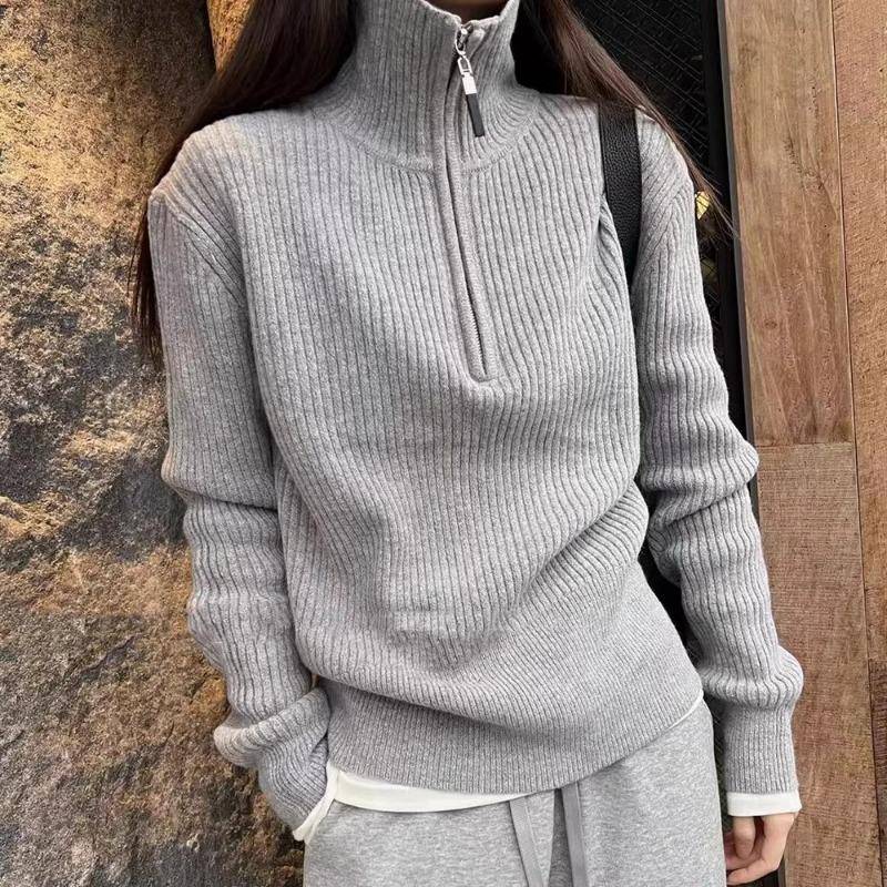 Pullover mit Reißverschluss und halbem Stehkragen für Damen, Herbst, Langarm, lässig gestrickt, Damenpullover-Tops, Mode, einfarbig, Winterpullover 25815 Size Size graue von Joom DACH