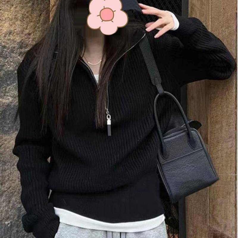 Pullover mit Reißverschluss und halbem Stehkragen für Damen, Herbst, Langarm, lässig gestrickt, Damenpullover-Tops, Mode, einfarbig, Winterpullover 25815 Size Size schwarz von Joom DACH