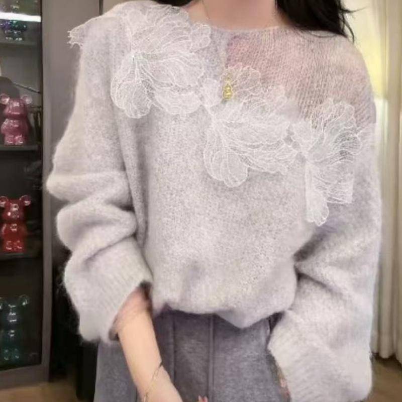 Pullover mit französischer Spitze und hohlen Blumen für Damen im Herbst und Winter, lockeres Strickoberteil-Design für Damenbekleidung L von Joom DACH