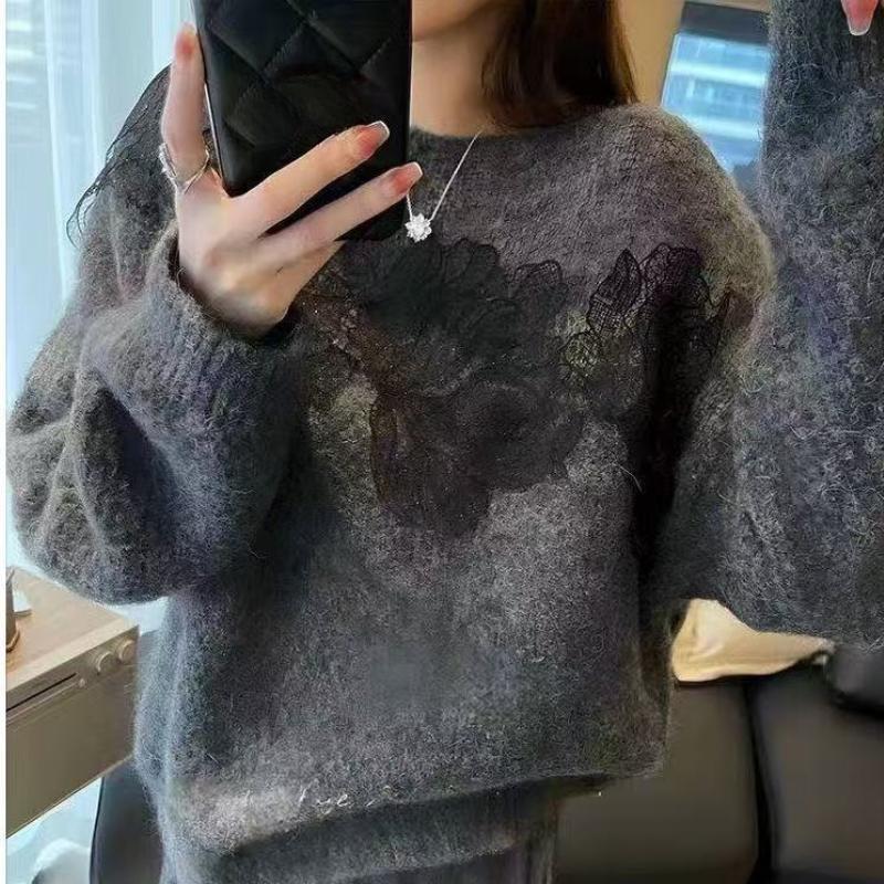 Pullover mit französischer Spitze und hohlen Blumen für Damen im Herbst und Winter, lockeres Strickoberteil-Design für Damenbekleidung S von Joom DACH