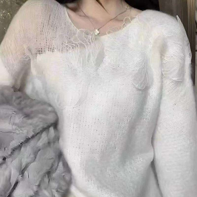 Pullover mit französischer Spitze und hohlen Blumen für Damen im Herbst und Winter, lockeres Strickoberteil-Design für Damenbekleidung XL von Joom DACH