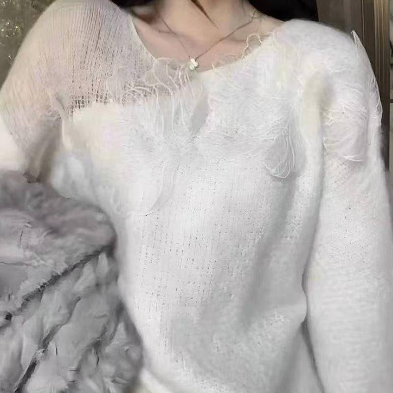 Pullover mit französischer Spitze und hohlen Blumen für Damen im Herbst und Winter, lockeres Strickoberteil-Design für Damenbekleidung XL von Joom DACH