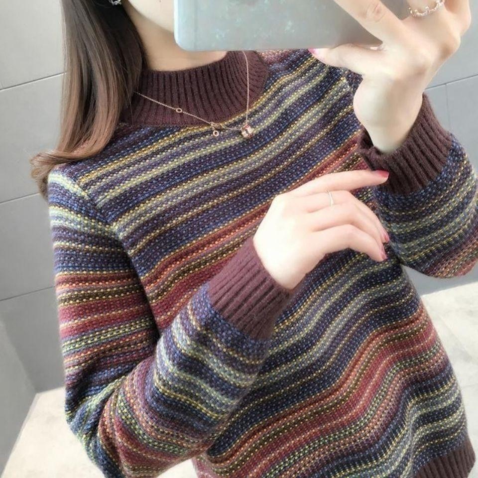 Pullover mit halbem hohem Kragen, lockerer gestreifter Pullover für Damen, Strickpullover XXXL von Joom DACH
