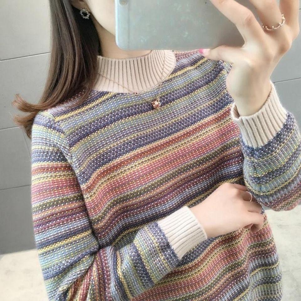 Pullover mit halbem hohem Kragen, lockerer gestreifter Pullover für Damen, Strickpullover XXXL von Joom DACH