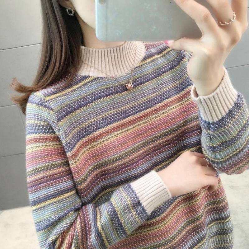 Pullover mit halbem hohem Kragen, lockerer gestreifter Pullover für Damen, Strickpullover XXXL von Joom DACH