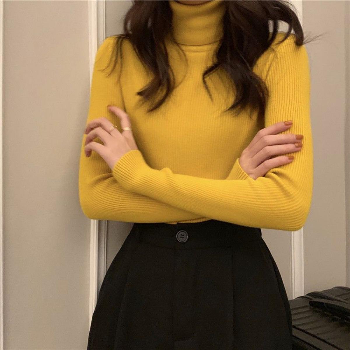 Pullover mit hohem Kragen für Damen, Slim Fit und schlankmachendes Oberteil für Herbst und Winter, Schwarzes Strick-Basisshirt mit einem stilvollen Look L gelb von Joom DACH