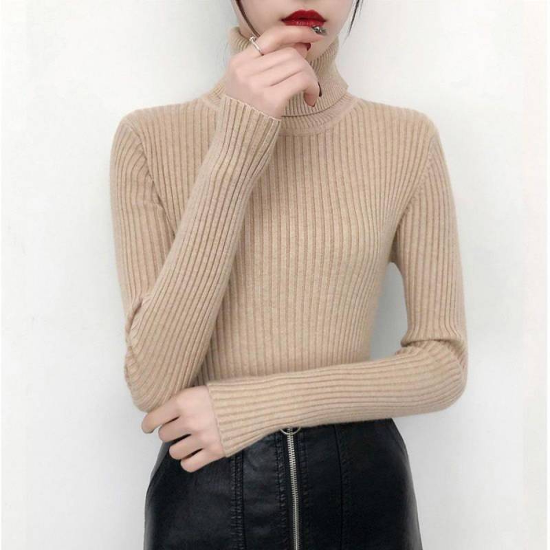 Pullover mit hohem Kragen für Damen, Slim Fit und schlankmachendes Oberteil für Herbst und Winter, Schwarzes Strick-Basisshirt mit einem stilvollen Look XL khaki von Joom DACH