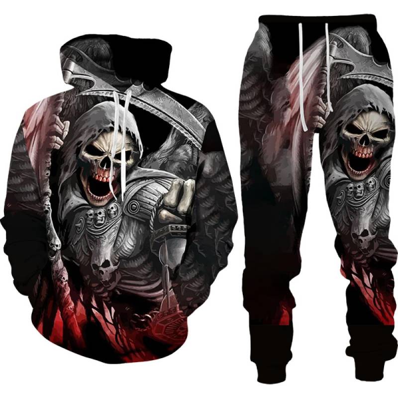 Punk 3D Schädel Gedruckt Hoodies Hosen Anzüge Coole Herren Damen Mode Frühling Herbst Casual Pullover Sweatshirts Sets Street Style S von Joom DACH